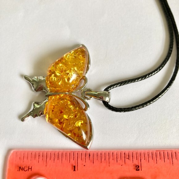 Vintage Yellow Amber Butterfly Necklace Pendant Silver Plated Simulated 18" - Picture 8 of 9